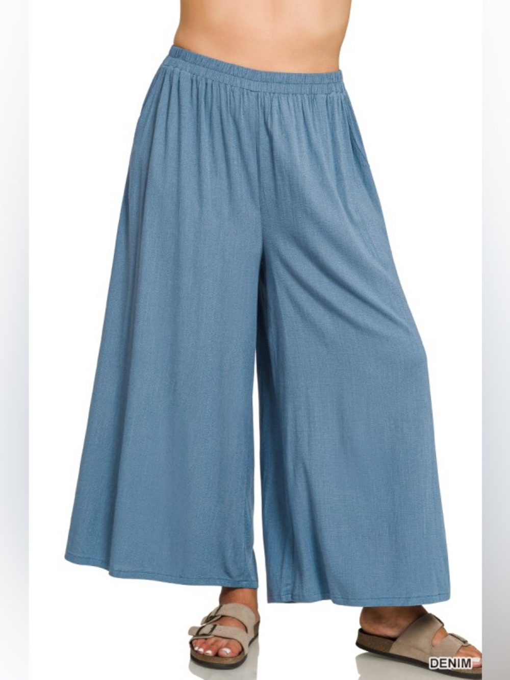 Light Blue Wide-Leg Elastic Waist Pants